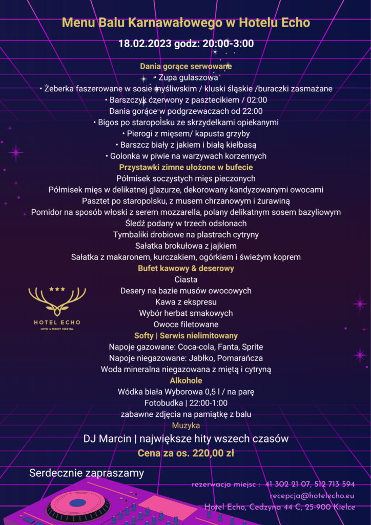 menu na bal karnawałowy Kielce 2023